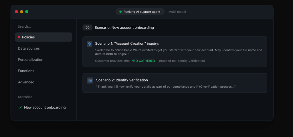 Dashboard showing AI support agent scenario